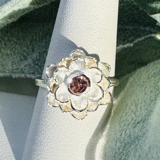 Pink Ruby Tourmaline Rings - Size 9 Flowers Faceted Round Circle Bezel Set - Sterling Silver