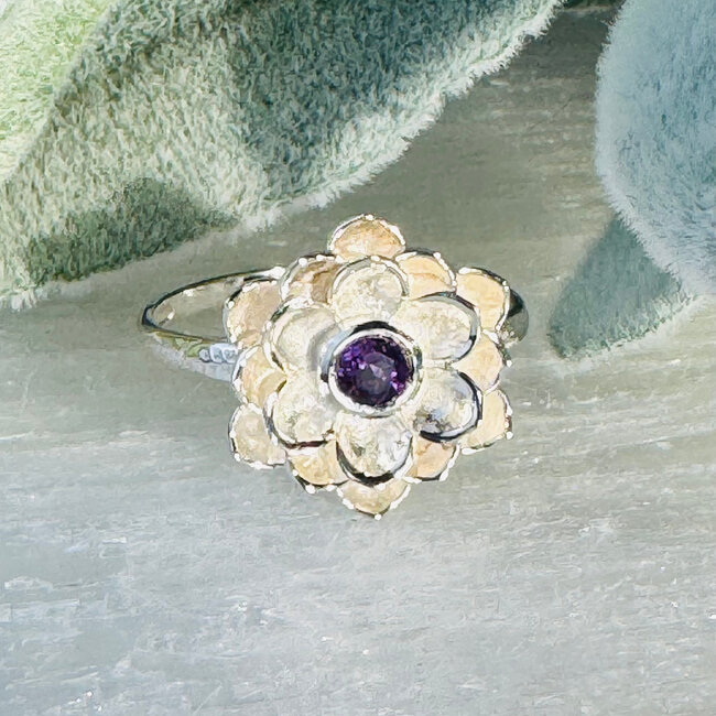 Amethyst Rings - Size 5 Flowers Faceted Round Circle Bezel Set - Sterling Silver