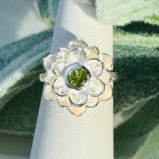 Green (Usambara Verdelite Chrome) Tourmaline Rings - Size 9 Flower Faceted Round Circle Bezel Set - Sterling Silver