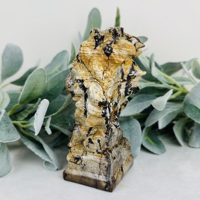 Picture Jasper Lion - 6" Carving Statue Pedestal Mount Home Decor
