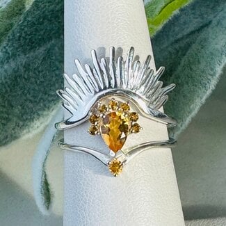 Citrine Ring Set - Size 6 Sunray Faceted Pear Teardrop & Round Circle - Prong Claw Set Sterling Silver