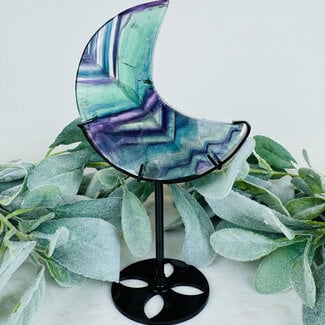 Rainbow Fluorite Crescent Moon on Black Stand Pin - 8" Large
