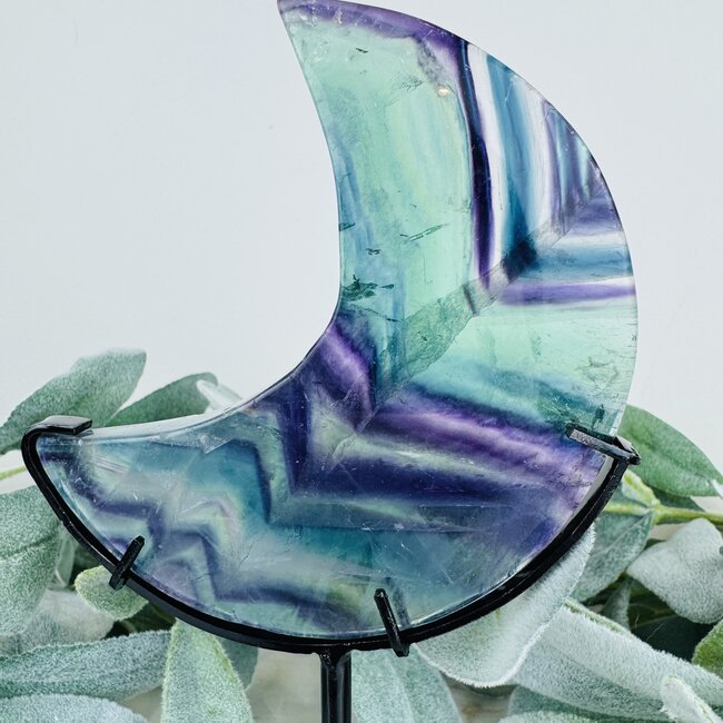 Rainbow Fluorite Crescent Moon on Black Stand Pin - 8" Large
