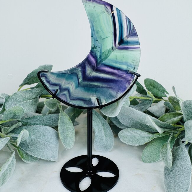 Rainbow Fluorite Crescent Moon on Black Stand Pin - 8" Large