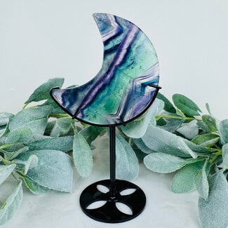Rainbow Fluorite Crescent Moon on Black Stand Pin - 7" Large