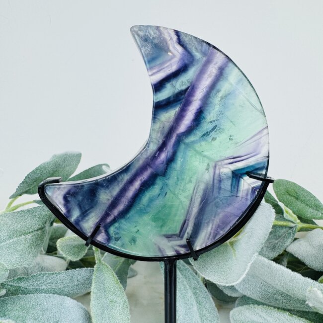 Rainbow Fluorite Crescent Moon on Black Stand Pin - 7" Large