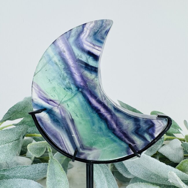 Rainbow Fluorite Crescent Moon on Black Stand Pin - 7" Large