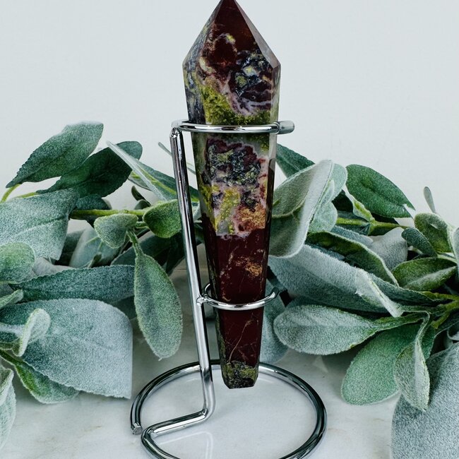 Dragon’s (Dragons Blood Stone) Jasper Faceted Wand Point on Silver Stand Pin - 7" Medium