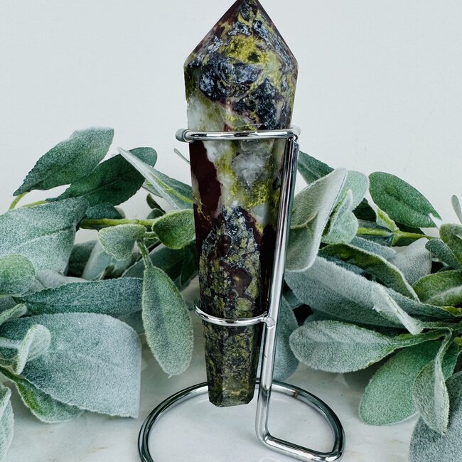 Dragon’s (Dragons Blood Stone) Jasper Faceted Wand Point on Silver Stand Pin - 7" Medium