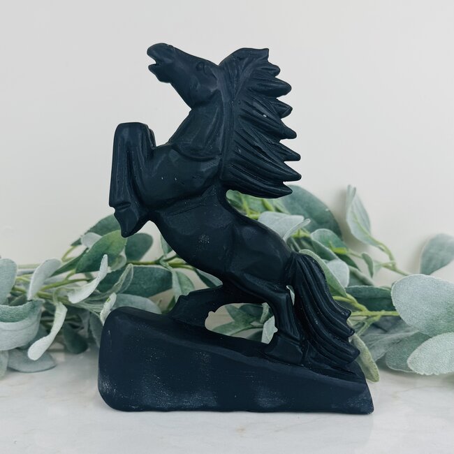 Black Obsidian Horses Pony - 8.5" Large Animal Carving Specimen (Matte)