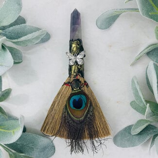 Rainbow Fluorite Witches Besom Altar Broom - Butterfly Charm Peacock Feather 7.5"
