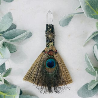 Clear (Crystal) Quartz Witches Besom Altar Broom - Sunray Charm Peacock Feather Carnelian 7.5"