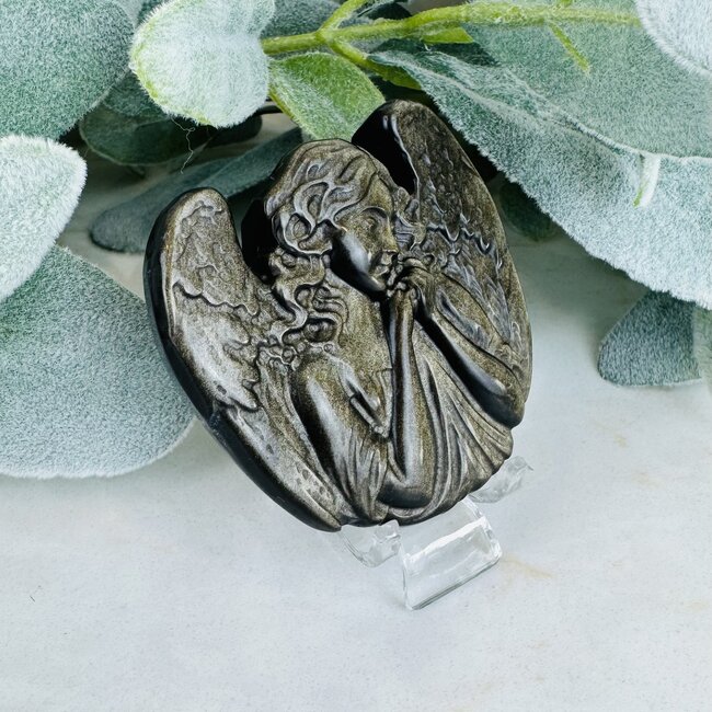 Goldsheen Gold Sheen Obsidian Guardian Angels - Medium Carving + Acrylic Stand