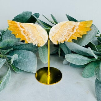 Yellow Gold Calcite Angel Wings on Gold Pin Stand - 5" Medium Carvings