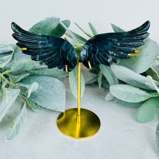 Moss Agate Angel Wings on Gold Pin Stand - 5" Medium Carvings