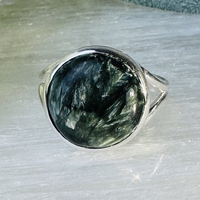 Seraphinite (Serafina Green Chlorite) Rings - Size 11 Round Circle Bezel Set - Split Band Sterling Silver