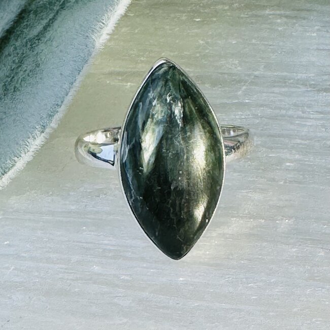 Seraphinite (Serafina Green Chlorite) Rings - Size 11 Marquise Bezel Set - Sterling Silver
