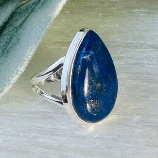 Lapis Lazuli Rings - Size 8 Teardrop Pear Bezel Set - Split Band Sterling Silver