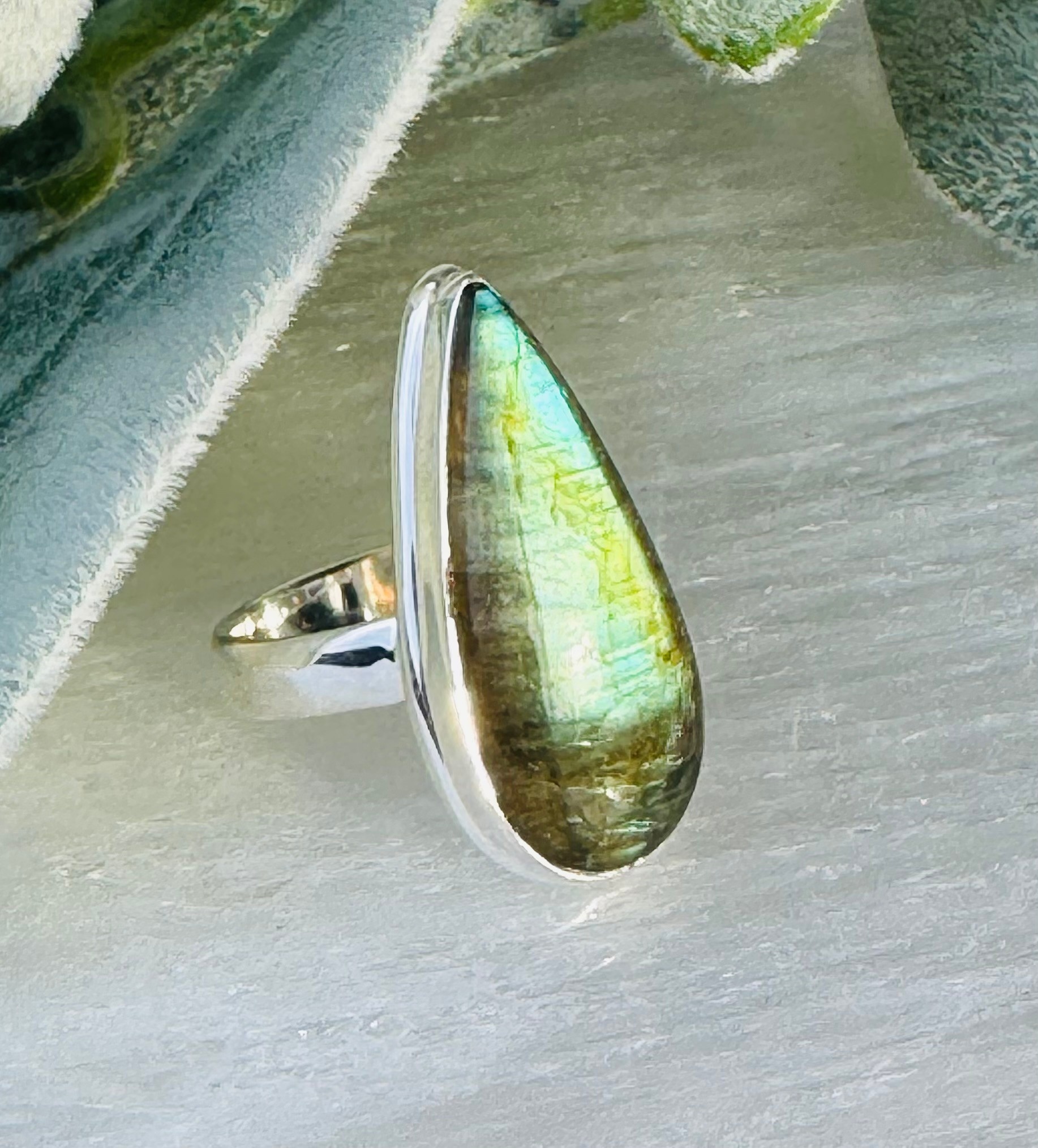 Labradorite Rings - Size 6 Long Teardrop Pear Bezel Set - Sterling