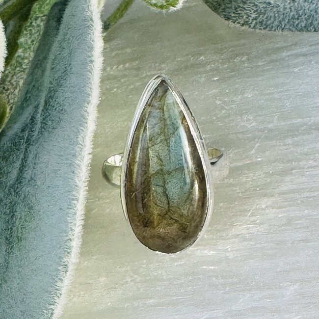 Labradorite Rings - Size 6 Long Teardrop Pear Bezel Set - Sterling Silver