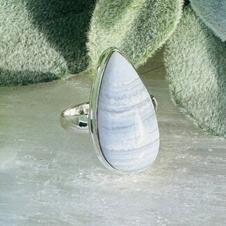 Blue Lace Agate Rings - Size 7 Teardrop Pear Bezel Set - Sterling Silver