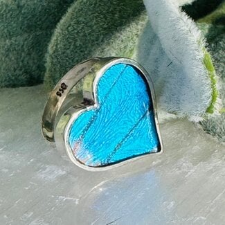 Blue Butterfly Wing Rings - Adjustable Heart Bezel Set - Sterling Silver