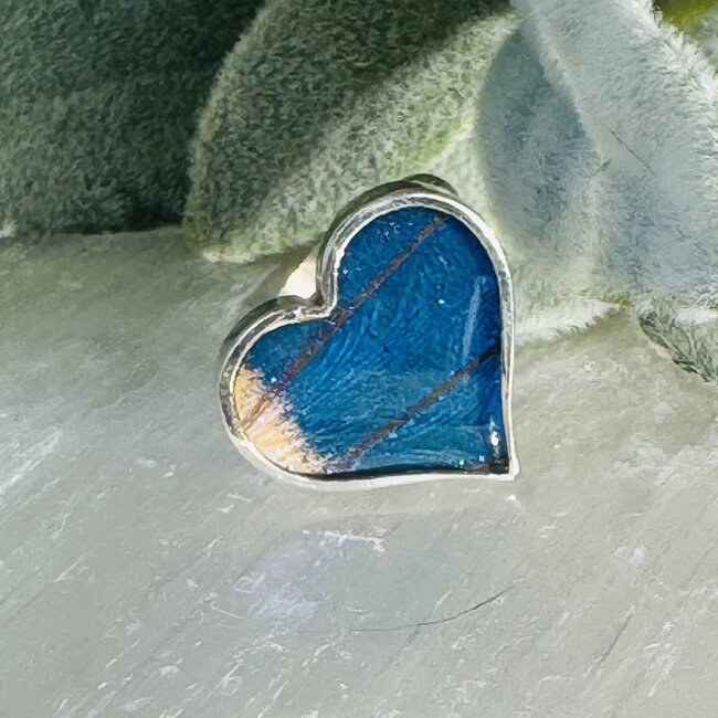 Blue Butterfly Wing Rings - Adjustable Heart Bezel Set - Sterling Silver