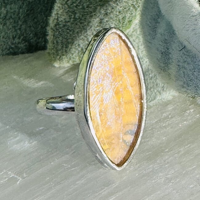 White Iridescent Butterfly Wing Rings - Adjustable Marquise Bezel Set - Sterling Silver