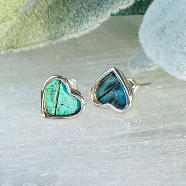 Multi Colored Butterfly Wing Earrings - Heart Studs Bezel Set - Sterling Silver