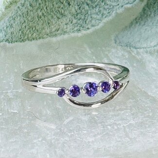 Amethyst 5 Stone Rings - Size 9 Round Circle Claw Prong Set - Split Front Sterling Silver