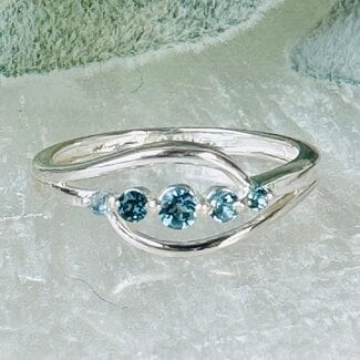London Blue Topaz  5 Stone Rings - Size 4 Round Circle Claw Prong Set - Split Front Sterling Silver