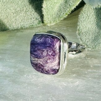 Charoite Rings - Size 8 Off Angeled Square Bezel Set - Sterling Silver