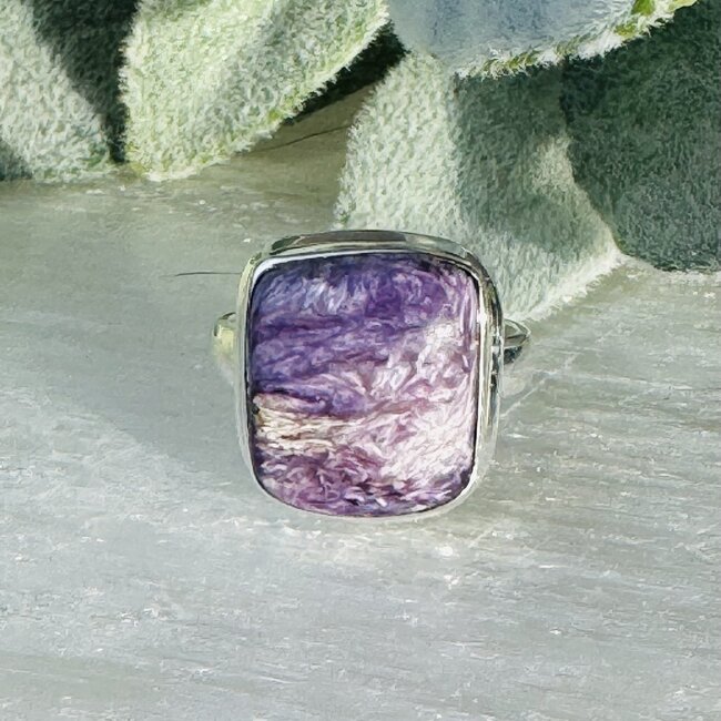 Charoite Rings - Size 8 Off Angeled Square Bezel Set - Sterling Silver