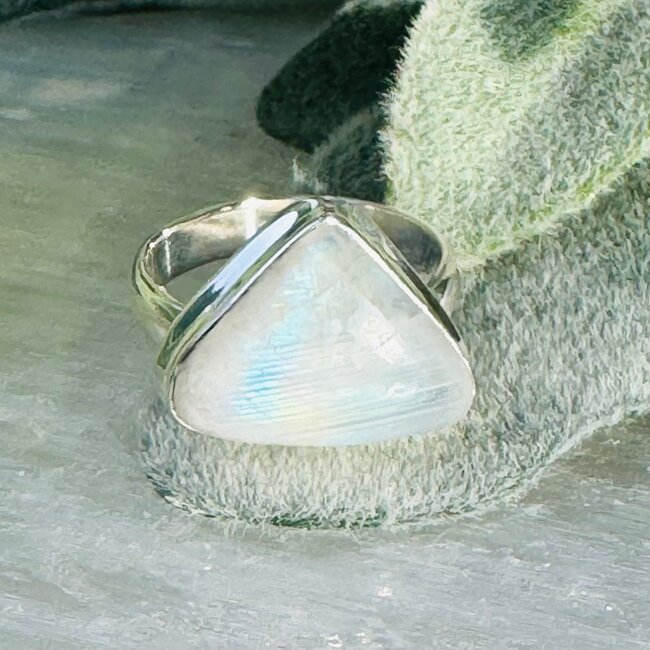 Rainbow (White) Moonstone Rings - Size 7 Wide Teardrop Pear - Bezel Set Sterling Silver