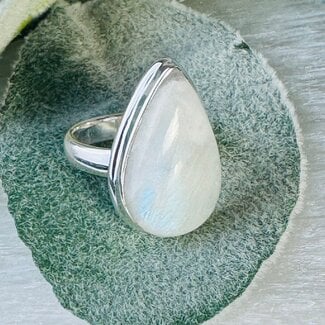 Rainbow (White) Moonstone Rings - Size 7 Teardrop Pear - Double Bezel Set Sterling Silver
