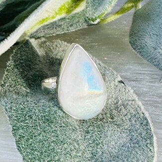 Rainbow (White) Moonstone Rings - Size 7 Teardrop Pear - Bezel Set Sterling Silver