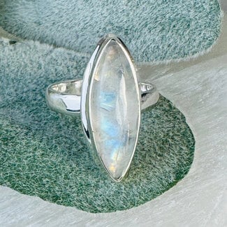 Rainbow (White) Moonstone Rings - Size 7 Marquise - Bezel Set Sterling Silver