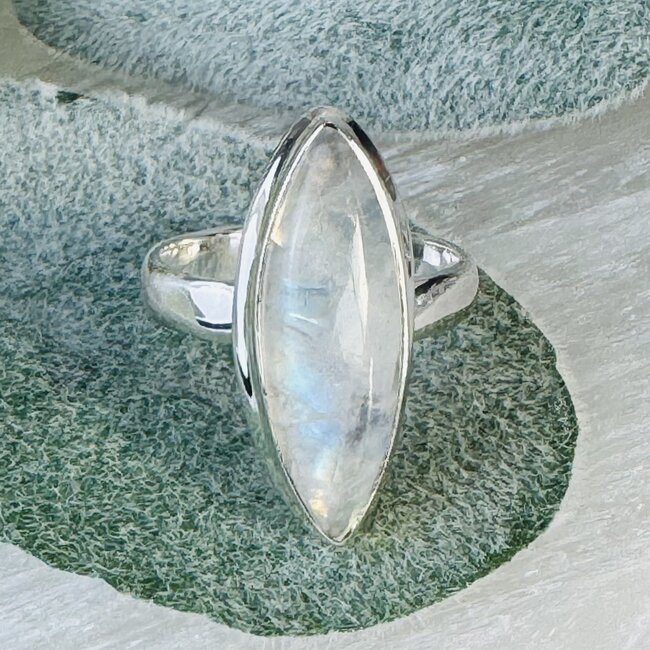 Rainbow (White) Moonstone Rings - Size 7 Marquise - Bezel Set Sterling Silver