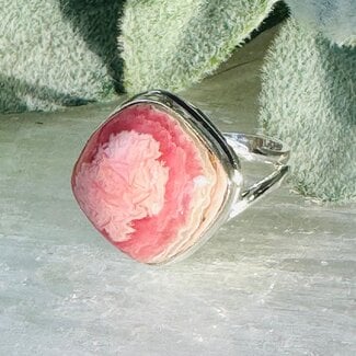Rhodochrosite Rings - Size 9 Diamond Square Bezel Set - Sterling Silver