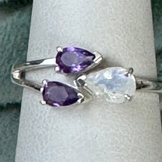 Amethyst & Rainbow (White) Moonstone Rings - Size 7 Faceted Pear Teardrop - Claw Prong Set Sterling Silver