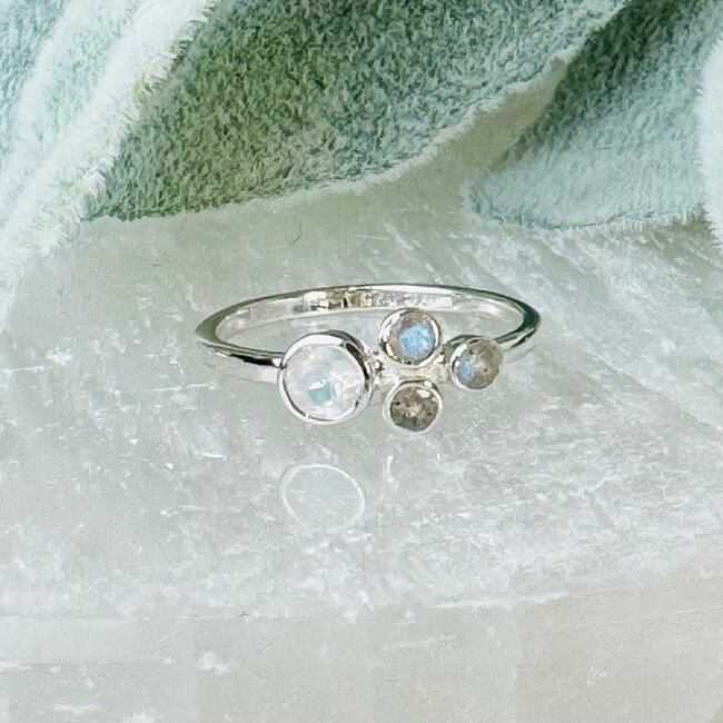 Labradorite & Rainbow (White) Moonstone Rings - Size 6 Faceted Round Circle Bezel Set - Sterling Silver