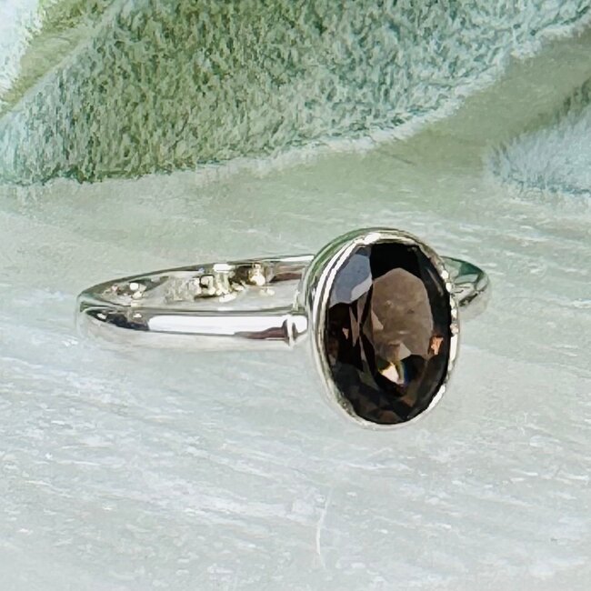 Smoky (Smokey) Quartz Rings - Size 6 Oval Faceted Bezel Set - Sterling Silver
