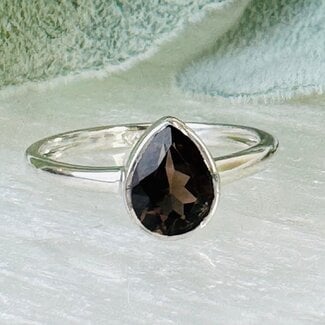 Smoky (Smokey) Quartz Rings - Size 7 Teardrop Pear Faceted Bezel Set - Sterling Silver