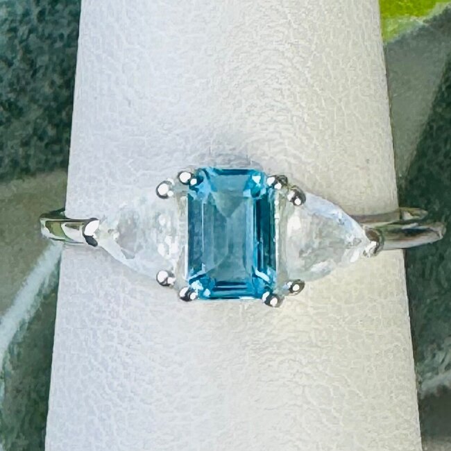 Swiss Blue Topaz & Rainbow Moonstone Rings - Size 6 Rectangle Faceted (Emerald Cut) Triangle - Prong Claw Set Sterling Silver