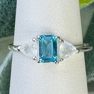 Swiss Blue Topaz & Rainbow Moonstone Rings - Size 8 Rectangle Faceted (Emerald Cut) Triangle - Prong Claw Set Sterling Silver