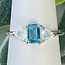 Swiss Blue Topaz & Rainbow Moonstone Rings - Size 8 Rectangle Faceted (Emerald Cut) Triangle - Prong Claw Set Sterling Silver