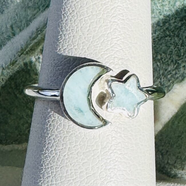Larimar (Dolphin Stone) Rings - Size 9 Crescent Moon & Star - Bezel Set Sterling Silver