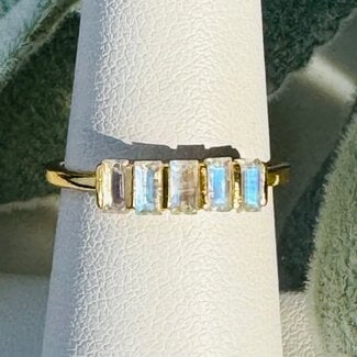 Rainbow (White) Moonstone Rings - Size 7 Rectangle (5 Emerald Cut Baguette) - Claw Prong Set 18k Gold Vermeil