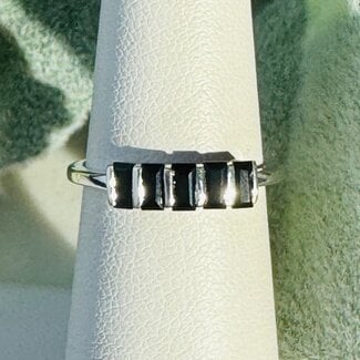 Black Onyx Rings - Size 9 Rectangle (5 Emerald Cut Baguette) - Claw Prong Set Sterling Silver