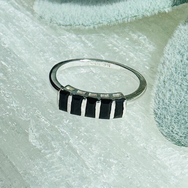 Black Onyx Rings - Size 10 Rectangle (5 Emerald Cut Baguette) - Claw Prong Set Sterling Silver